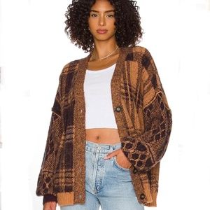 Free People Sepia Plaid Jacquard Oversized Cardigan Color: Brown/Tan | Size Xs